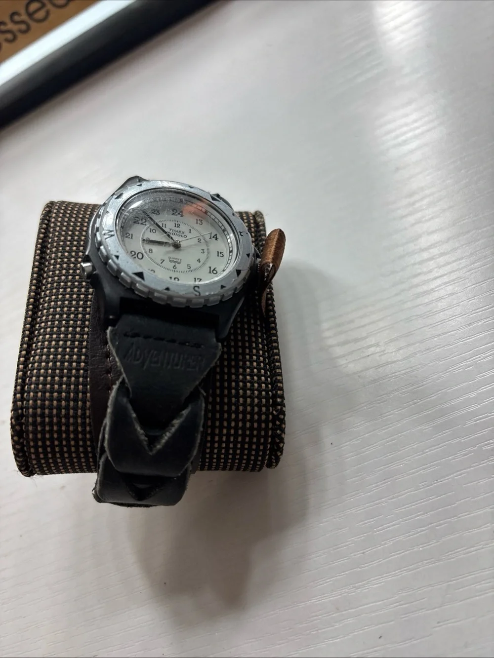 Timex Black Strap Watch with White Dial and Compass Bezel